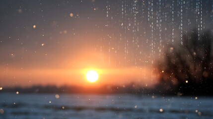 A blurry sunset with digital binary code falling like snow over a winter landscape