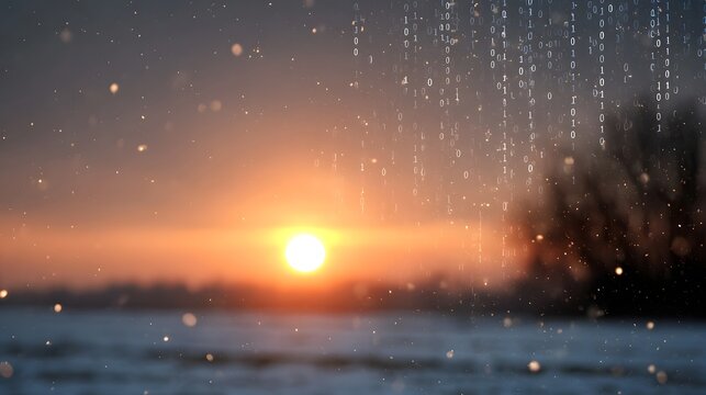 A blurry sunset with digital binary code falling like snow over a winter landscape