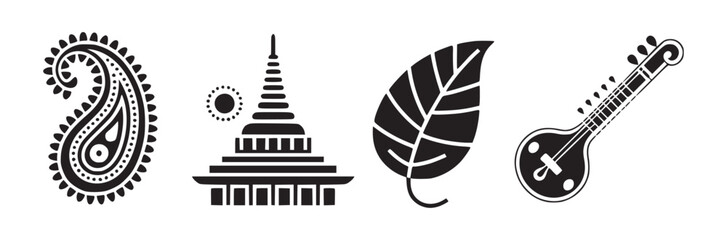 Four black and white icons showing a paisley design temple leaf and stringed instrument design elements