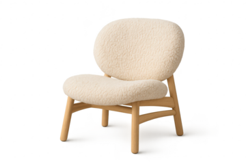 Modern fluffy beige chair with wooden legs isolated on transparent background