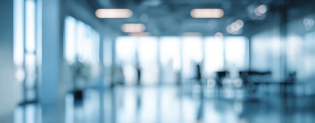 The office interior with blurred figures and modern glass workspace in soft blue light