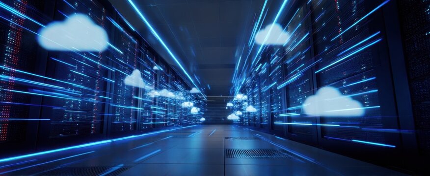 The Data Center with Floating Cloud Icons and Futuristic Blue Light Trails