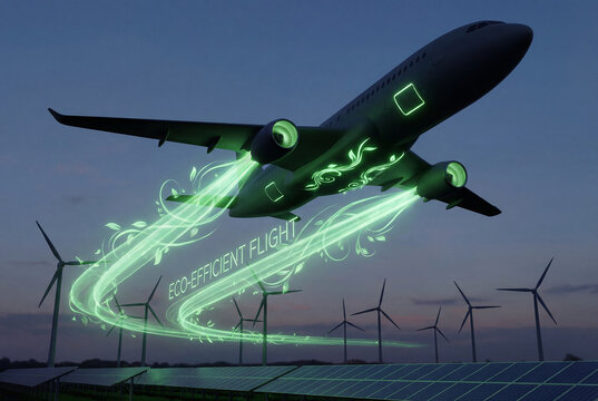 Eco efficient flight concept with airplane silhouette flying over solar panels and wind turbines at dusk, symbolizing green energy and sustainable technology