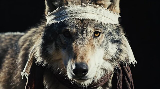 A wolf with a tan headwrap and brown scarf stares intensely towards the viewer set against a dark backdrop