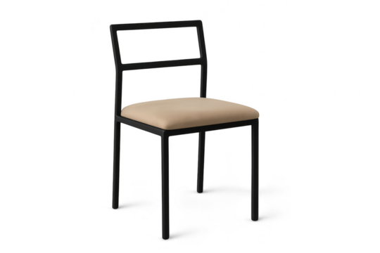 Modern black frame chair with beige cushioned seat isolated on transparent background