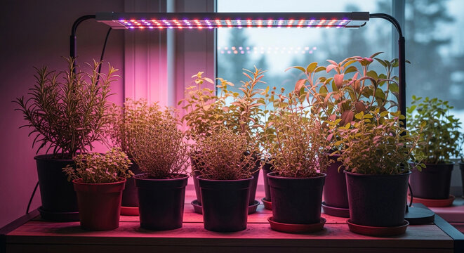 Indoor herb garden with various plants under LED grow lights. Pots contain green herbs like basil and mint. Natural light from window in the background.