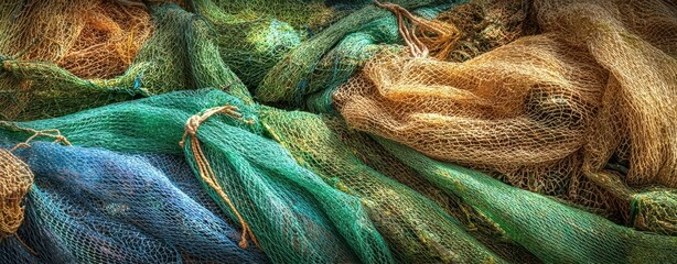 The fishing nets piled in vibrant green and gold textures for coastal background photography
