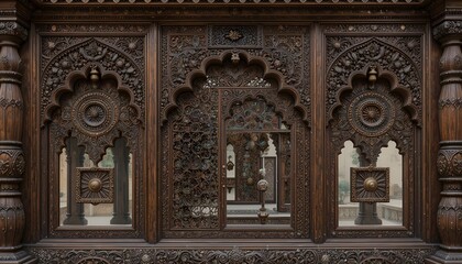  &ldquo;An antique Rajasthani cultural decoration piece featuring hand-carved teakwood, vibrant traditional mirror work, intricate Bandhani patterns, brass bells, desert-inspired motifs, warm earthy colors,