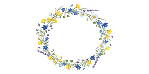 Delicate watercolor wreath of wildflowers with blue and yellow flowers isolated on white background