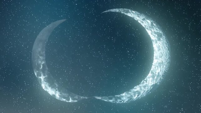 Cinematic crescent moon glowing in starry night sky, mystical lunar phase with ethereal light, cosmic space background with twinkling stars