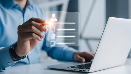 Businessman interacting with futuristic holographic interface for data analysis