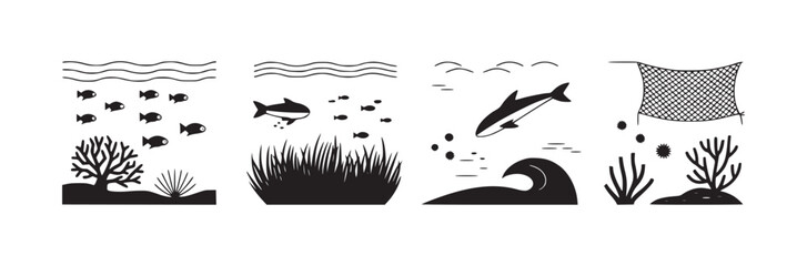A collection of four ocean scenes depicted in black and white with waves, fish, coral, and a net