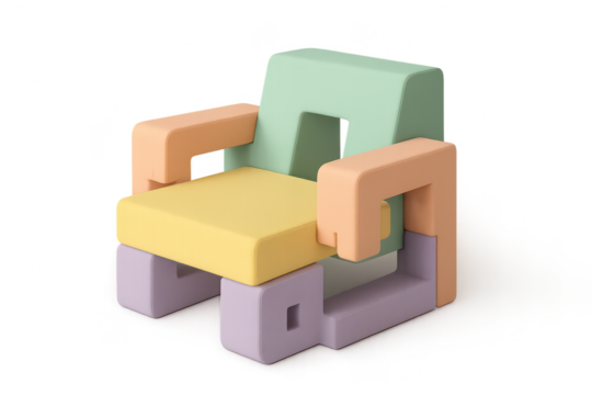 Abstract multi-colored block chair, modern furniture cut-out with no background.