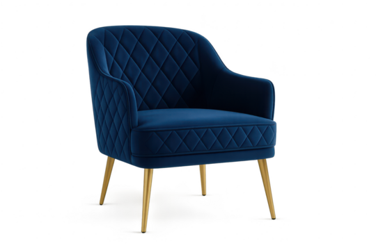 Elegant blue velvet armchair with golden legs, isolated on transparent background