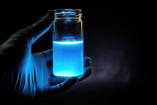 Luminol blood reaction creates glowing blue liquid in glass jar held by gloved hand in dark forensic laboratory environment highlighting chemical analysis
