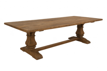 Rustic wooden dining table, isolated on transparent background, studio quality.