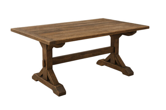 Rustic wooden table, trestle design, isolated on transparent background