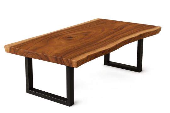 Modern live edge wood coffee table, metal base, isolated on transparent background