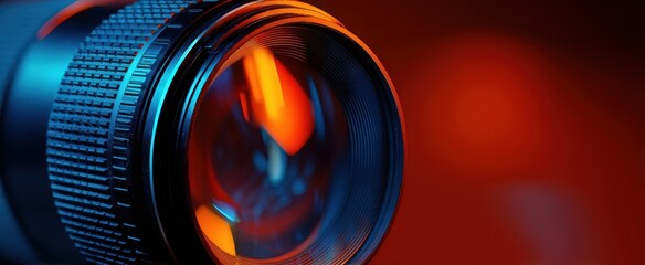 The Camera Lens Closeup with Colorful Reflections and Shallow Depth of Field