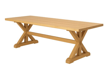 Long light wooden trestle dining table isolated on transparent background
