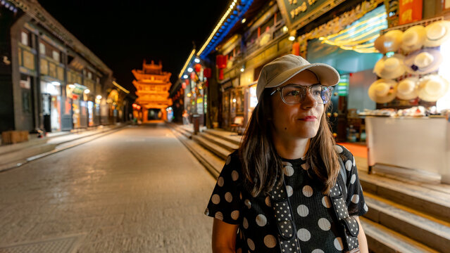 Woman exploring Mingqing Street at night