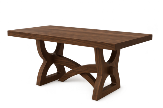 Elegant dark wood table with unique X-shaped base isolated on transparent background
