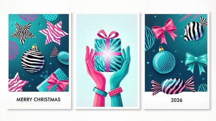 Christmas card in three parts featuring festive decorations, a gift box, and vibrant colors with a coral fish pattern