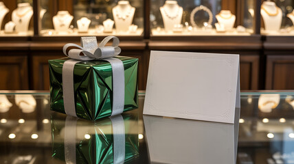 Elegant green gift box with silver ribbon displayed in a jewelry store during the festive shopping season
