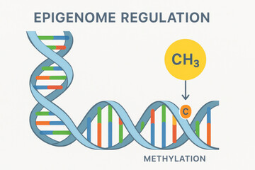 Epigenome regulation diagram showing DNA twisting with colorful base pair. bright methyl group marker represents methylation. clean, clinical infographic layout for modern genomic science theme