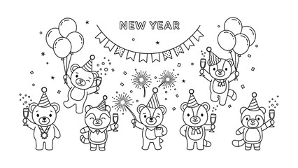 New Year's Eve Celebration: Animated cartoon characters revel in the joy of a new beginning, with balloons and festive elements framing the scene of celebration.