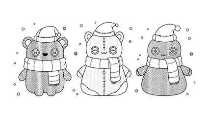 Festive Toy Trio: Adorable toy creatures in winter attire exude the enchantment of the season, evoking a sense of childlike delight. 