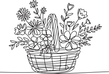 Continuous Line Art Illustration of Woven Basket Filled with Assorted Flowers