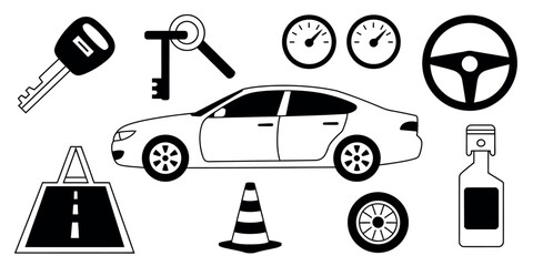 Illustration of car parts including keys steering wheel and road hazard signs