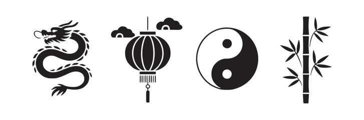 Black and white chinese symbols featuring dragon lantern yin yang and bamboo in a simple graphic style