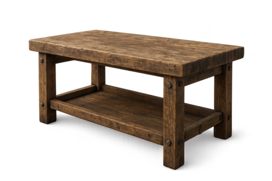 Rustic wooden coffee table with storage shelf isolated on transparent background