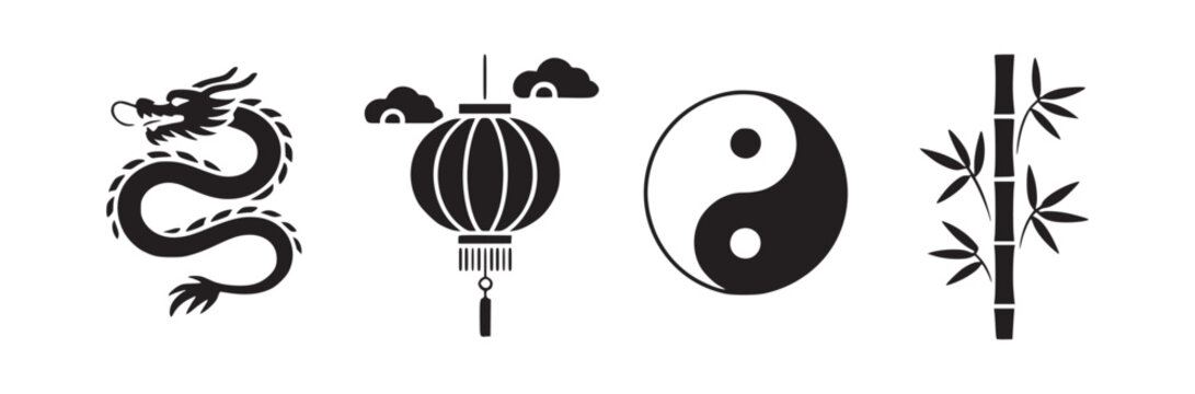 Black and white chinese symbols featuring dragon lantern yin yang and bamboo in a simple graphic style
