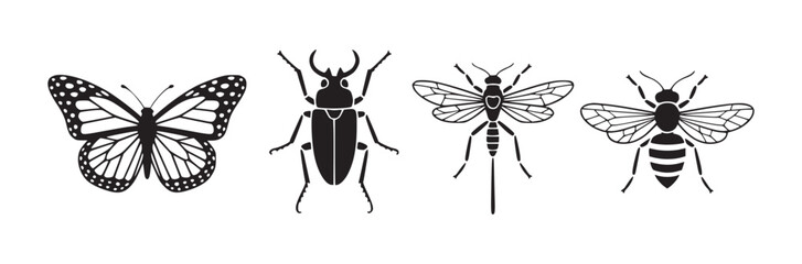 Illustration of four insects including a butterfly beetle wasp and bee in black and white style