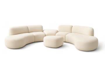 Cream modular curved sofa with ottoman, isolated on transparent background.