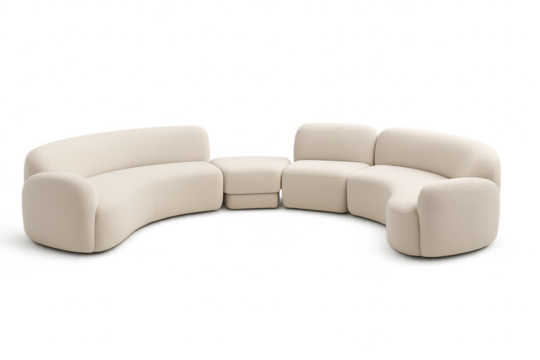 Elegant curved modular sofa in cream color isolated on transparent background