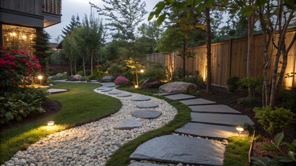 Obraz premium Modern Backyard Garden Pathway with Landscape Lighting – Stone Walkway, Outdoor Design & Peaceful Evening Garden