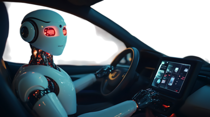 Robot With Red Eyes Driving Car Interior With Digital Dashboard android cyborg isolated on a transparent background
