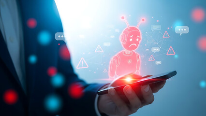 Businessman holding smartphone with glowing sad robot hologram representing mobile security threat, virus, or bug