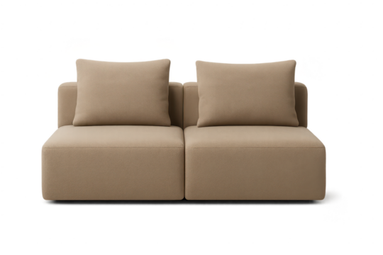 Comfortable beige modular sofa with pillows isolated on transparent background