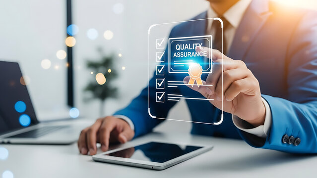 Businessman interacting with a digital interface for quality assurance checklist on a tablet in an office setting