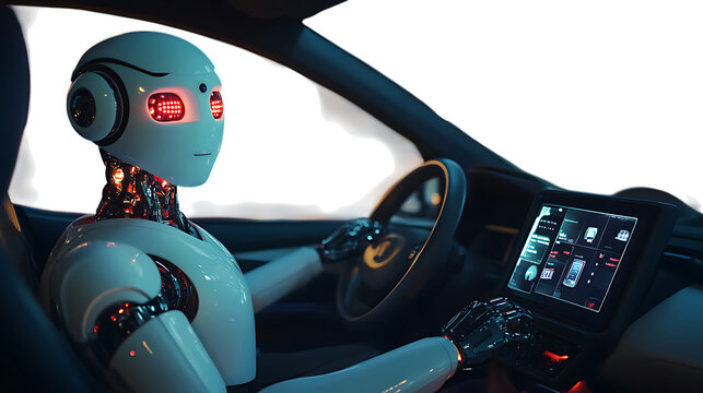Robot With Red Eyes Driving Car Interior With Digital Dashboard android cyborg isolated on a transparent background