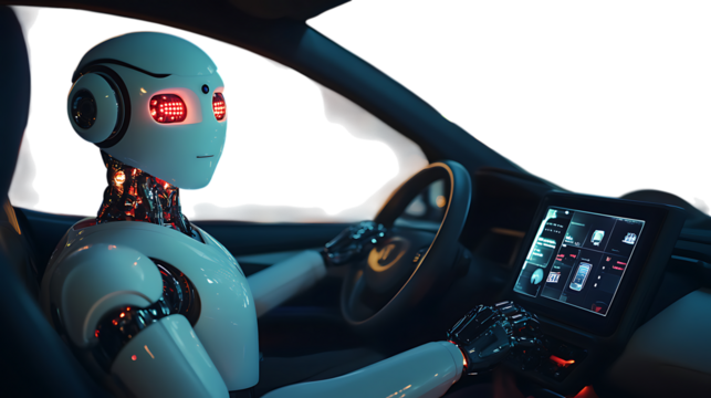 Robot With Red Eyes Driving Car Interior With Digital Dashboard android cyborg isolated on a transparent background