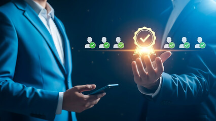 Business people reviewing customer satisfaction rating with glowing quality assurance badge and user icon feedback