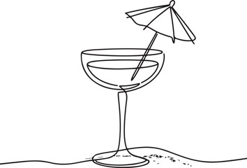 Continuous Line Art Illustration of Short Cocktail Glass with Tiny Umbrella on Sand