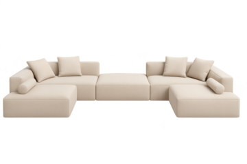 Modular sofa in beige fabric isolated on transparent background for design