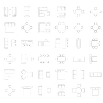 A clean collection of top-view furniture symbols for floor plans, including sofas, beds, dining tables, kitchens, and lounge arrangement. 